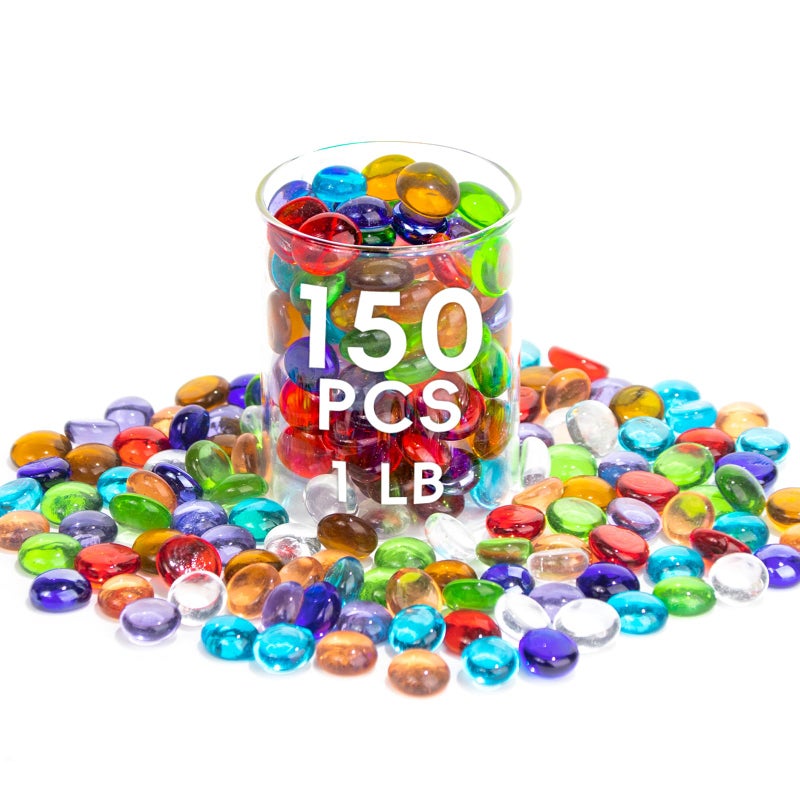 Meschett 1 LB Mix Color Glass Beads  Mini Flat Glass Marbles~150PCS for Vase Fillers  Floral Bottom Mancala Gems Pebbles Fish Tank Rocks for Table Scatter Aquarium Home Decorative Art Craft Supplies(0.5""~0.7"") - Image 1